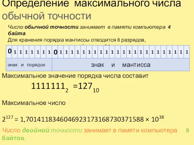 Определение максимального числа обычной точности Число обычной точности занимает в памяти компьютера