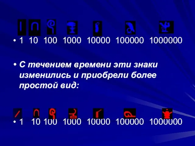 1 10 100 1000 10000 100000 1000000 С течением времени эти знаки