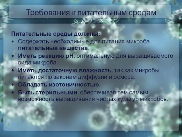 Требования к питательным средам Питательные среды должны: Содержать необходимые для питания микроба