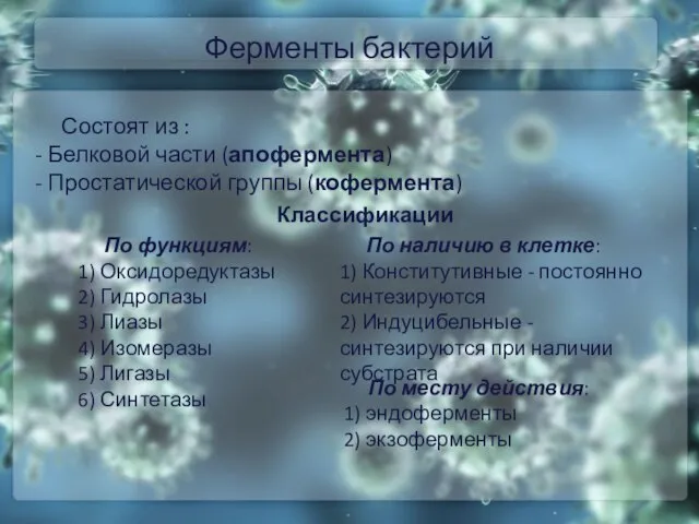 Ферменты бактерий Состоят из : - Белковой части (апофермента) - Простатической группы