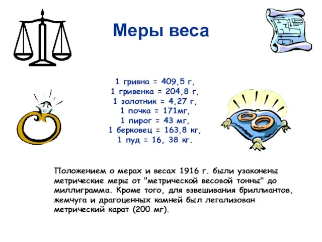Меры веса 1 гривна = 409,5 г, 1 гривенка = 204,8 г,