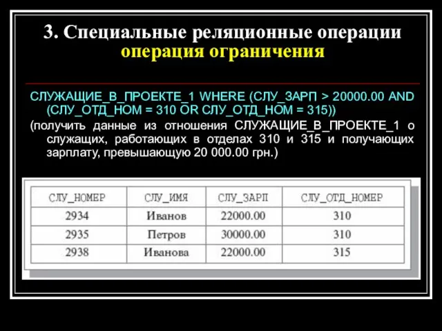 СЛУЖАЩИЕ_В_ПРОЕКТЕ_1 WHERE (СЛУ_ЗАРП > 20000.00 AND (СЛУ_ОТД_НОМ = 310 OR СЛУ_ОТД_НОМ =