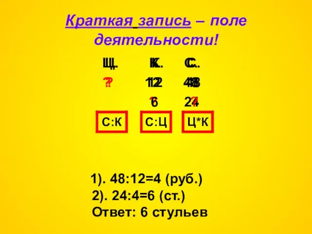 Краткая запись – поле деятельности! С:К Ц. К. С. ? 12 48