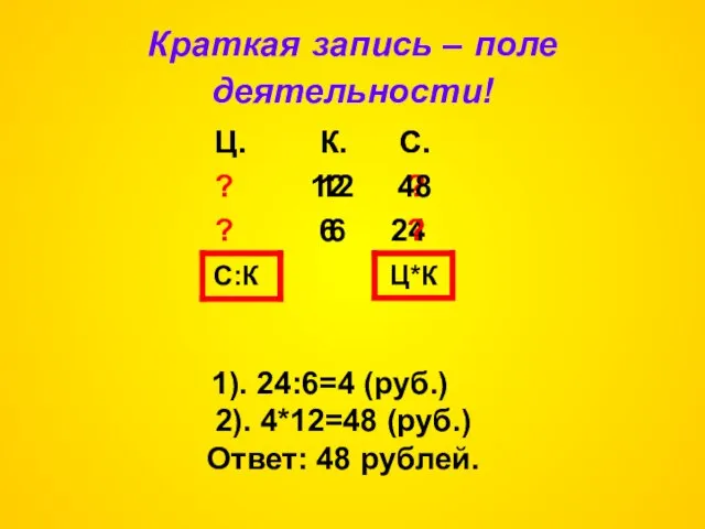 Краткая запись – поле деятельности! Ц. К. С. 12 ? ? 6