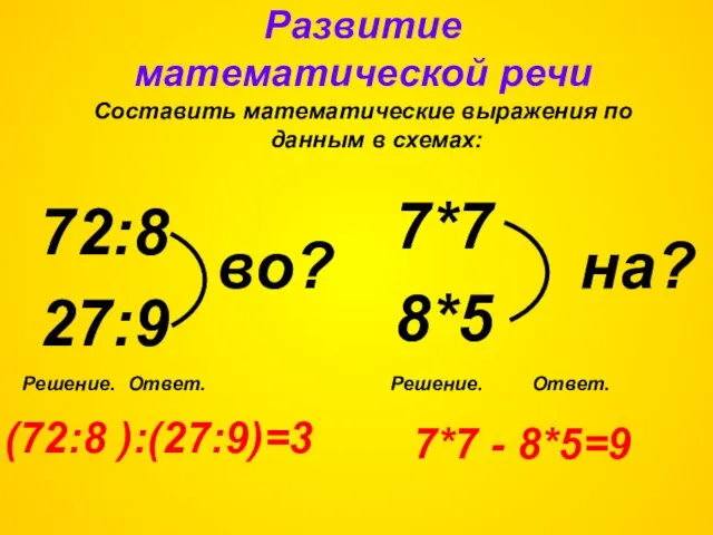 Развитие математической речи Составить математические выражения по данным в схемах: (72:8 ):(27:9)=3