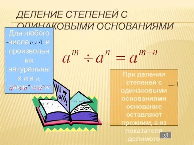 ДЕЛЕНИЕ СТЕПЕНЕЙ С ОДИНАКОВЫМИ ОСНОВАНИЯМИ Для любого числа и произвольных натуральных m