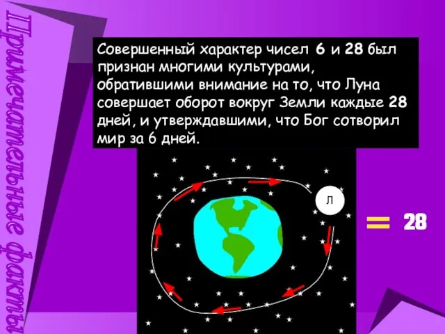 Примечательные факты Совершенный характер чисел 6 и 28 был признан многими культурами,