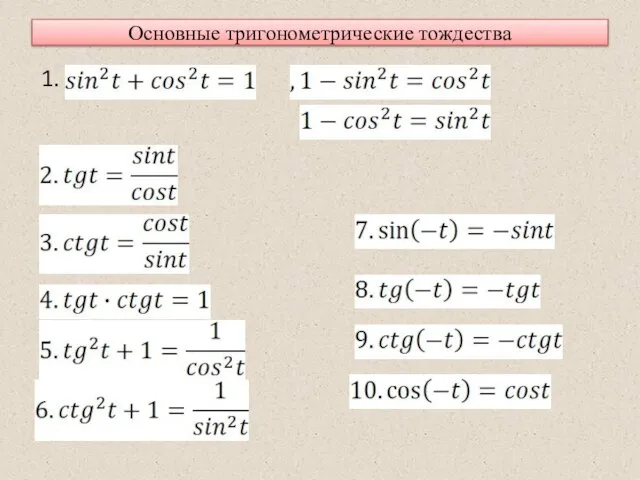 Основные тригонометрические тождества 1.