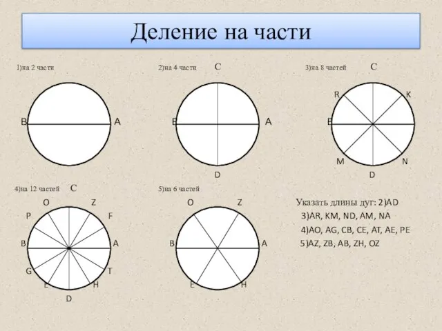 Деление на части 1)на 2 части 2)на 4 части С 3)на 8