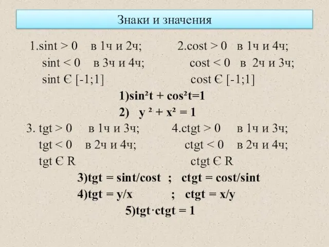 Знаки и значения 1.sint > 0 в 1ч и 2ч; 2.cost >