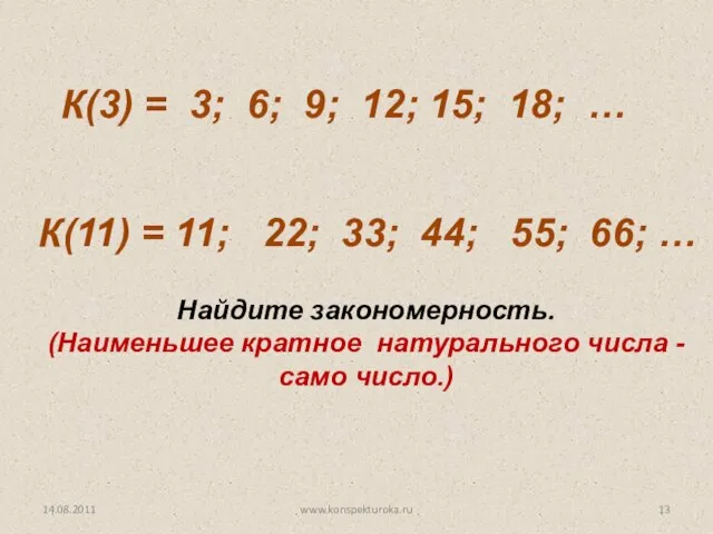 14.08.2011 www.konspekturoka.ru Найдите закономерность. (Наименьшее кратное натурального числа - само число.) К(3)