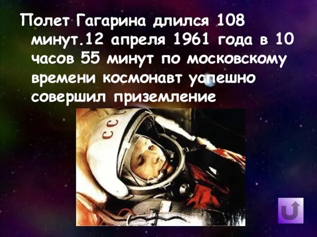Полет Гагарина длился 108 минут.12 апреля 1961 года в 10 часов 55