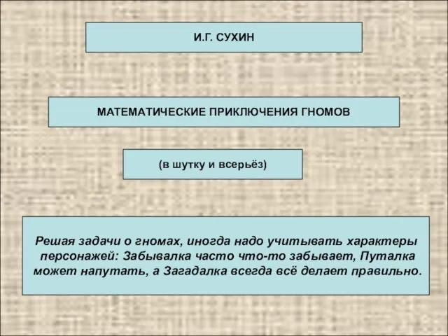 МАТЕМАТИЧЕСКИЕ ПРИКЛЮЧЕНИЯ ГНОМОВ И.Г. СУХИН (в шутку и всерьёз) Решая задачи о