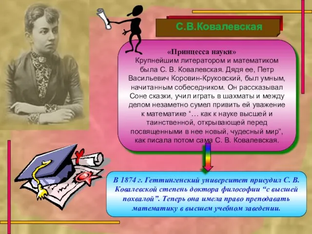 «Принцесса науки» Крупнейшим литератором и математиком была С. В. Ковалевская. Дядя ее,