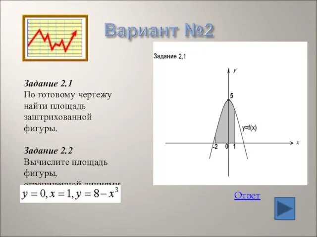 Задание 2.1 По готовому чертежу найти площадь заштрихованной фигуры. Задание 2.2 Вычислите