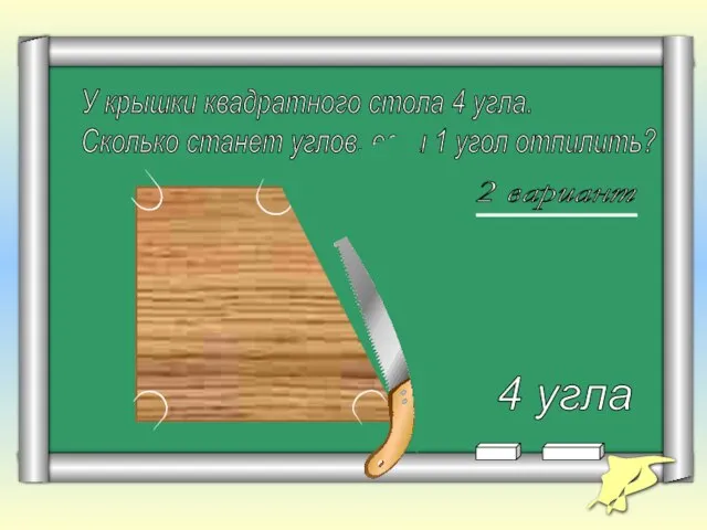 У крышки квадратного стола 4 угла. Сколько станет углов, если 1 угол