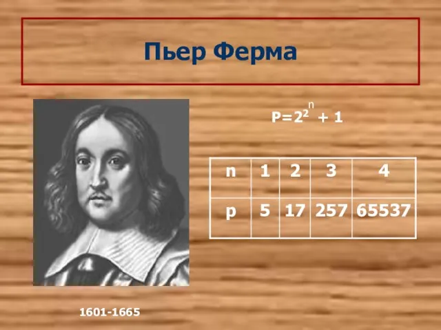 Пьер Ферма 1601-1665 P=22 + 1 n