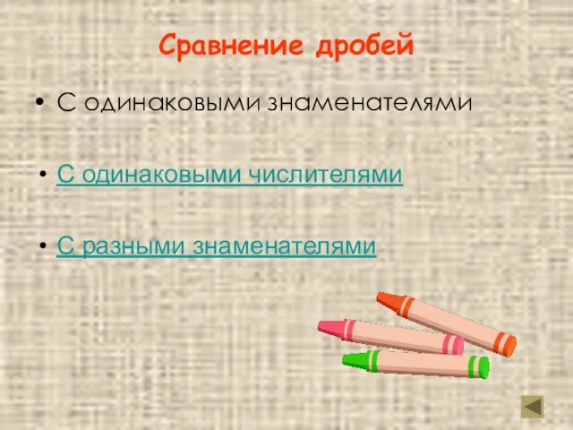 Сравнение дробей С одинаковыми знаменателями С одинаковыми числителями С разными знаменателями