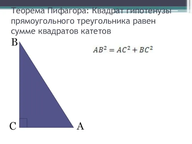В А С Теорема Пифагора: Квадрат гипотенузы прямоугольного треугольника равен сумме квадратов катетов