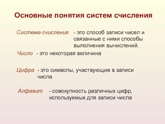 Основные понятия систем счисления Система счисления - это способ записи чисел и