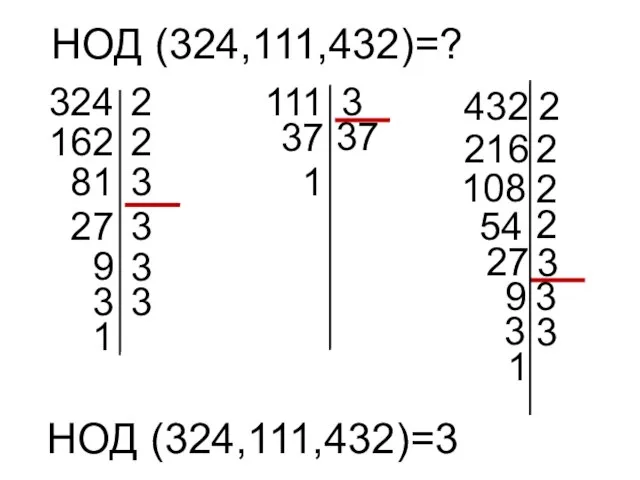 НОД (324,111,432)=? 324 2 162 2 81 3 27 111 3 37