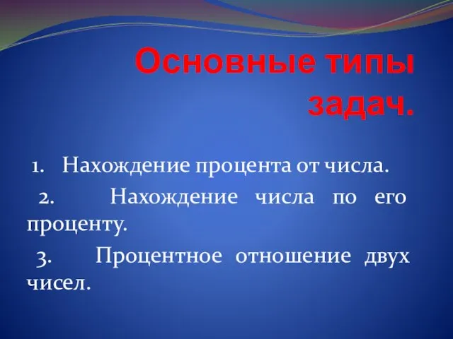 Основные типы задач. 1. Нахождение процента от числа. 2. Нахождение числа по