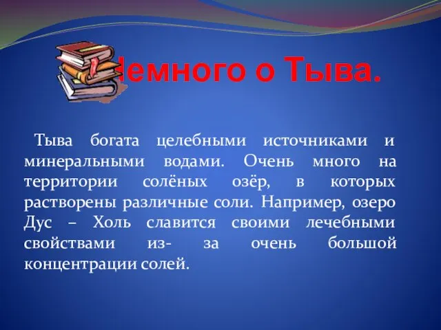 Немного о Тыва. Тыва богата целебными источниками и минеральными водами. Очень много