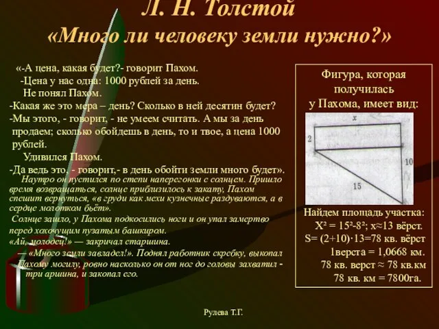 Л. Н. Толстой «Много ли человеку земли нужно?» «-А цена, какая будет?-