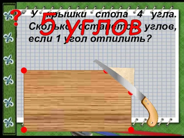 У крышки стола 4 угла. Сколько останется углов, если 1 угол отпилить? 5 углов