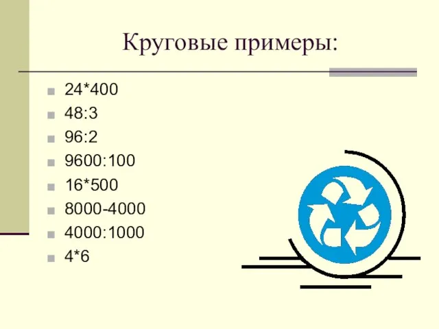 Круговые примеры: 24*400 48:3 96:2 9600:100 16*500 8000-4000 4000:1000 4*6