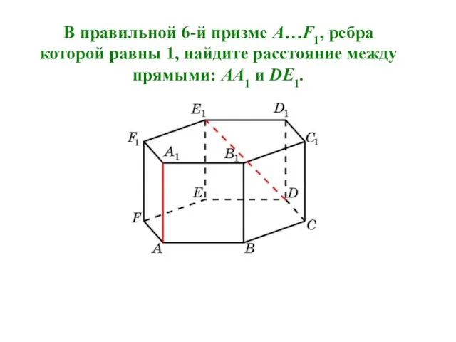 В правильной 6-й призме A…F1, ребра которой равны 1, найдите расстояние между прямыми: AA1 и DE1.