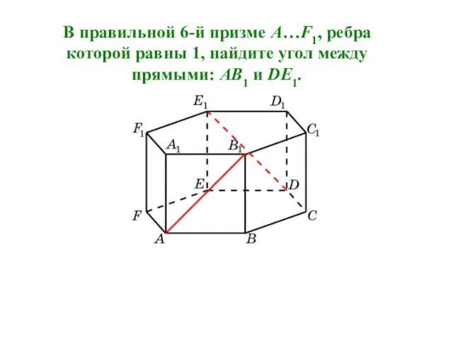 В правильной 6-й призме A…F1, ребра которой равны 1, найдите угол между прямыми: AB1 и DE1.