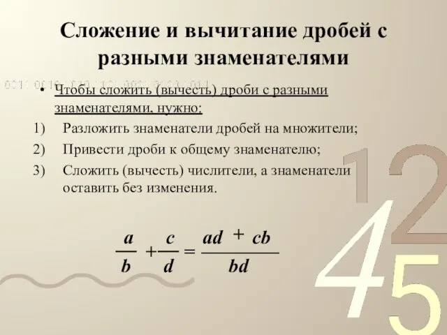 Сложение и вычитание дробей с разными знаменателями Чтобы сложить (вычесть) дроби с