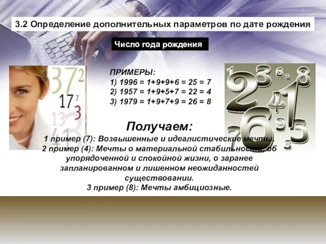 3.2 Определение дополнительных параметров по дате рождения ПРИМЕРЫ: 1) 1996 = 1+9+9+6