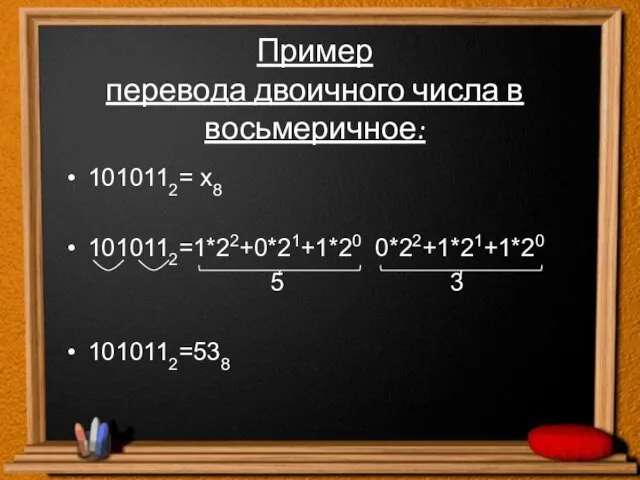 Пример перевода двоичного числа в восьмеричное: 1010112= х8 1010112=1*22+0*21+1*20 0*22+1*21+1*20 5 3 1010112=538