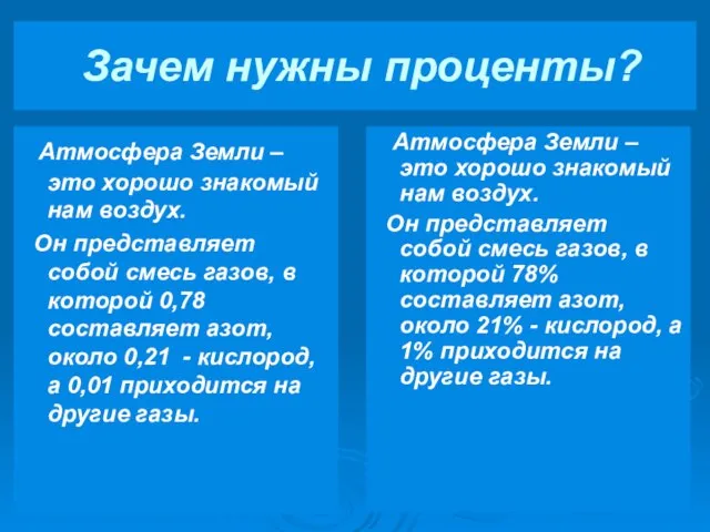 Зачем нужны проценты? Атмосфера Земли – это хорошо знакомый нам воздух. Он