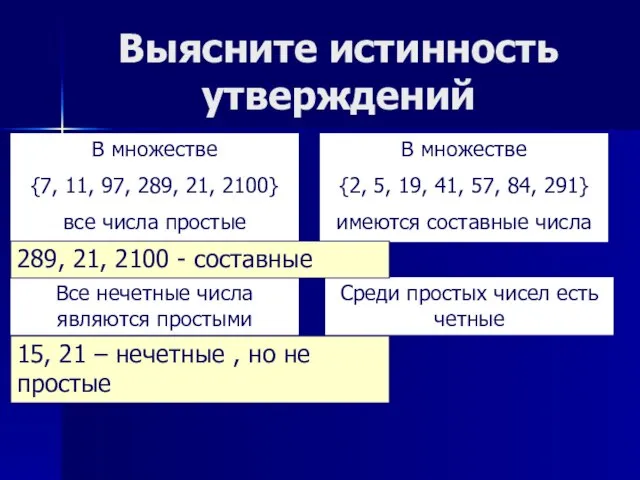 Выясните истинность утверждений В множестве {7, 11, 97, 289, 21, 2100} все