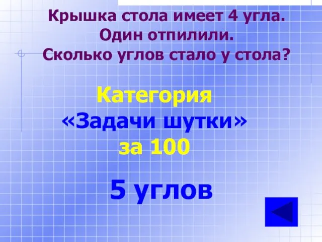 Крышка стола имеет 4 угла. Один отпилили. Сколько углов стало у стола?