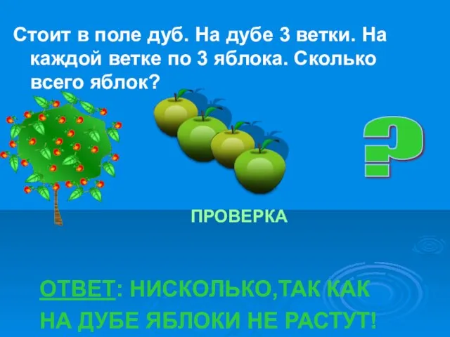 Стоит в поле дуб. На дубе 3 ветки. На каждой ветке по