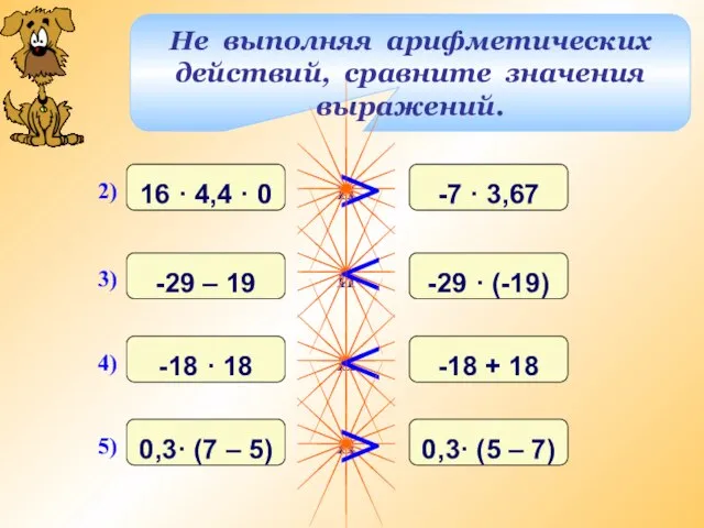 Не выполняя арифметических действий, сравните значения выражений. > >