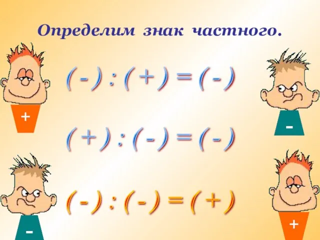 Определим знак частного. ( - ) : ( + ) = (