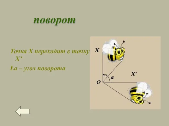 поворот Точка Х переходит в точку Х’ Ŀа – угол поворота