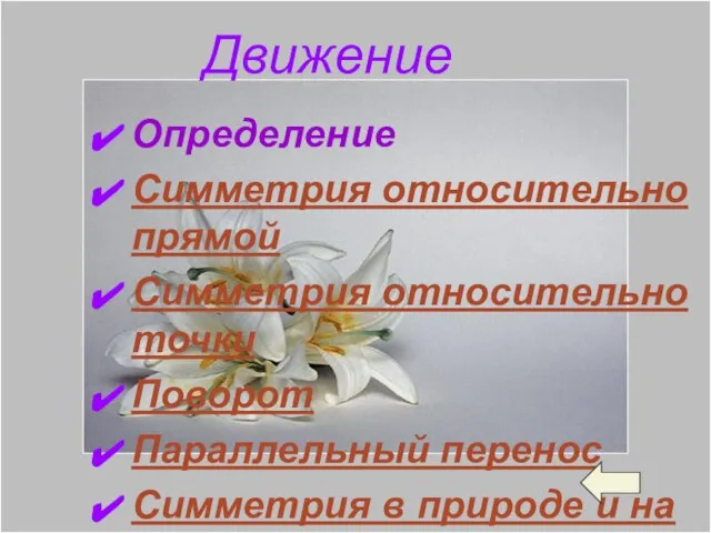 Движение Определение Симметрия относительно прямой Симметрия относительно точки Поворот Параллельный перенос Симметрия