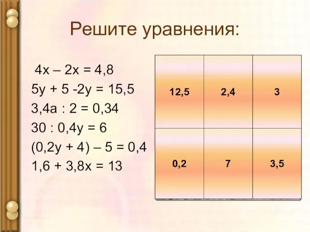 Решите уравнения: 4х – 2х = 4,8 5у + 5 -2у =