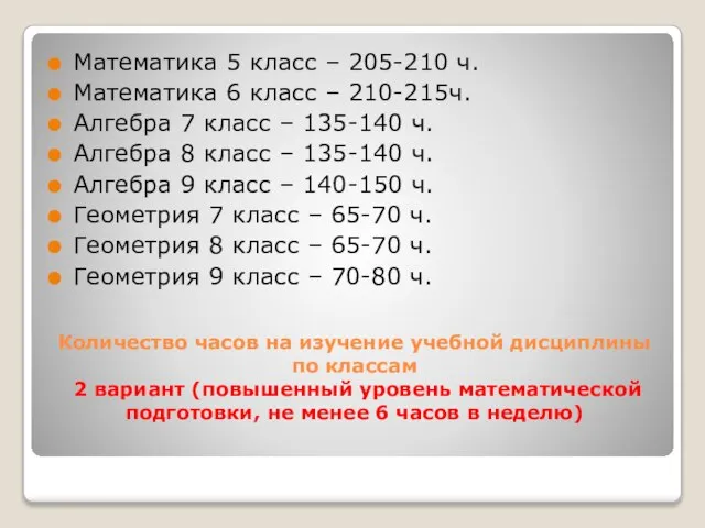 Количество часов на изучение учебной дисциплины по классам 2 вариант (повышенный уровень