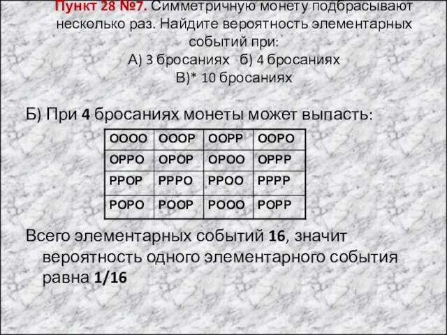 Пункт 28 №7. Симметричную монету подбрасывают несколько раз. Найдите вероятность элементарных событий