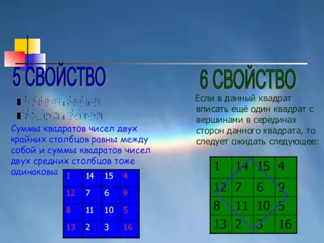 Суммы квадратов чисел двух крайних столбцов равны между собой и суммы квадратов