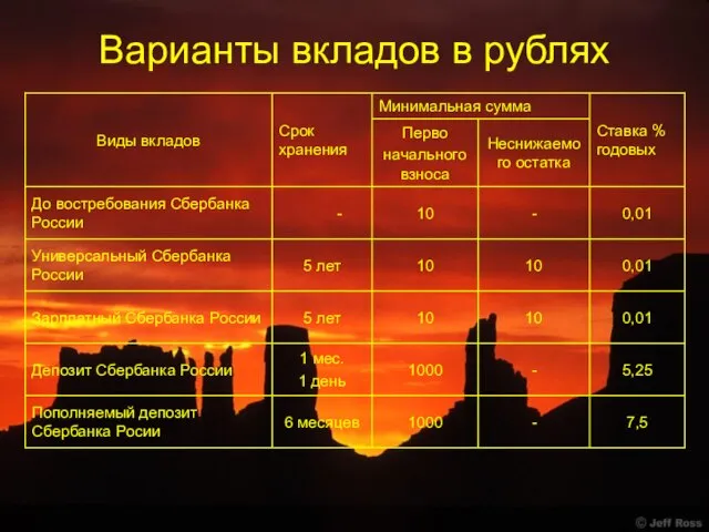 Варианты вкладов в рублях