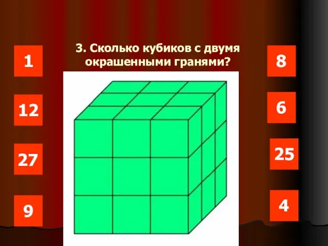 1 12 25 6 8 27 4 9 3. Сколько кубиков с двумя окрашенными гранями?