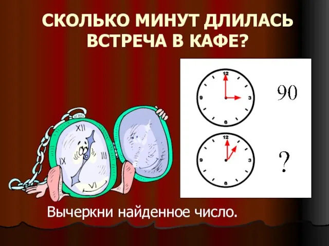 СКОЛЬКО МИНУТ ДЛИЛАСЬ ВСТРЕЧА В КАФЕ? Вычеркни найденное число.